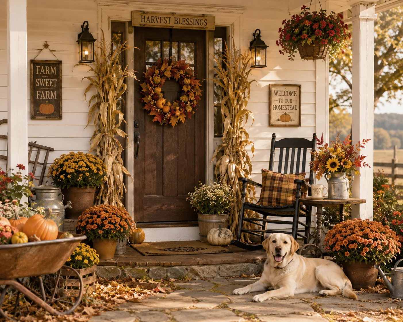 Autumn farmhouse porch with harvest decorations and a golden retriever