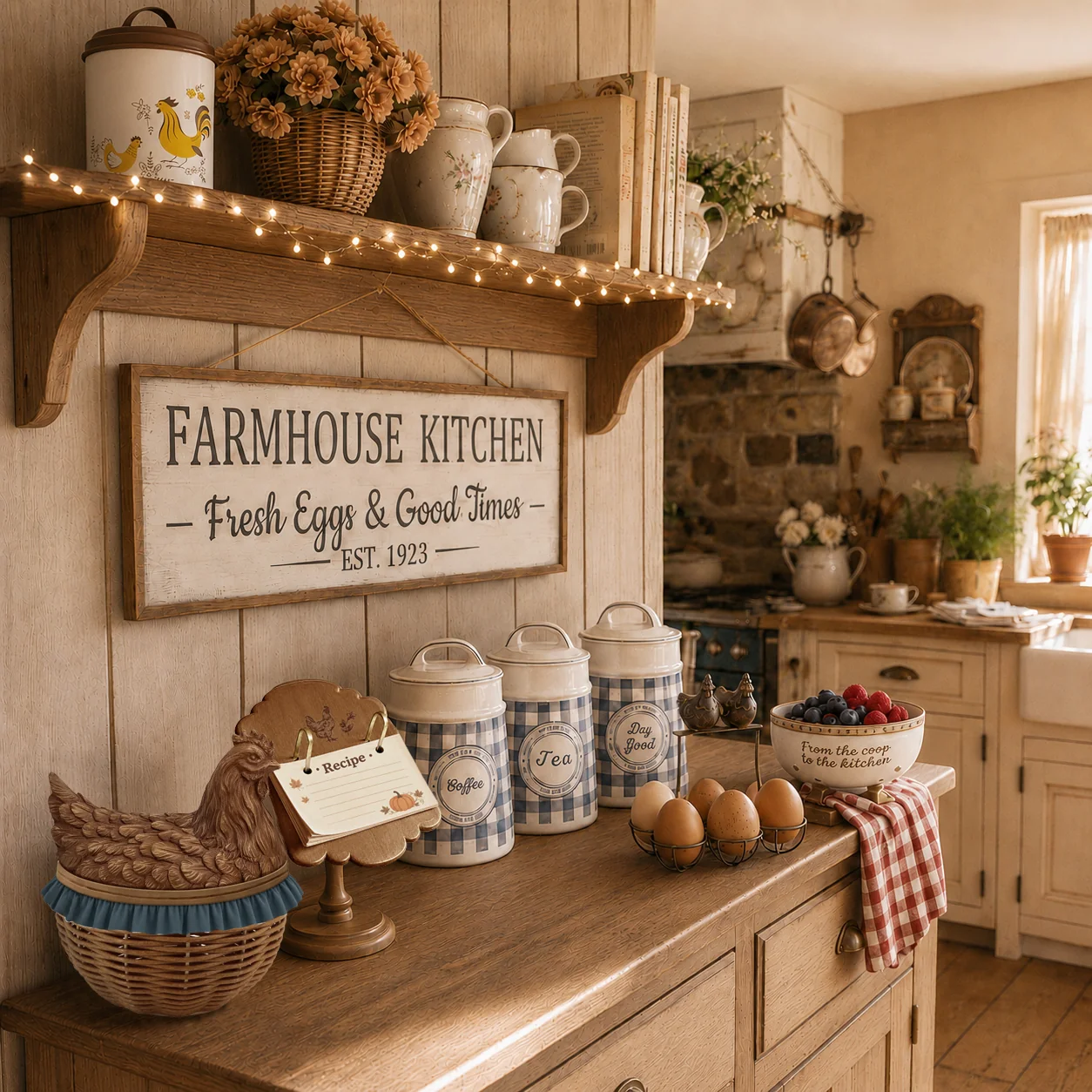 Warm farmhouse kitchen with rustic shelving, ceramic canisters and country-style decorations
